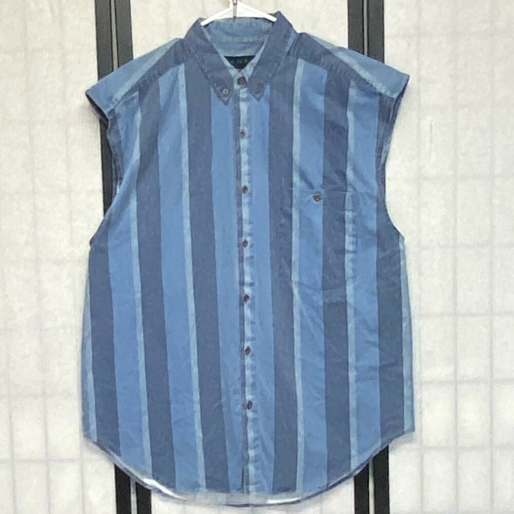 Vintage Santana Blue Sleeveless Button Front Vertical Stripe Shirt L Casual